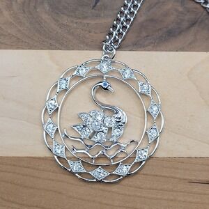 Vintage Signed Sarah Coventry Silver Tone Rhinestone Swan Pendant Necklace 26"